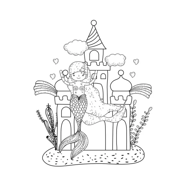 Sirena con castillo escena submarina — Vector de stock