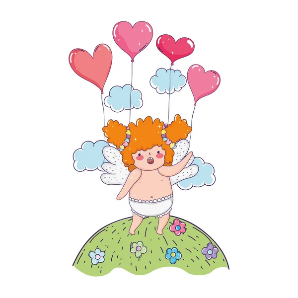 Mignonne fille potelée Cupidon avec des ballons en forme de coeur d'hélium — Image vectorielle