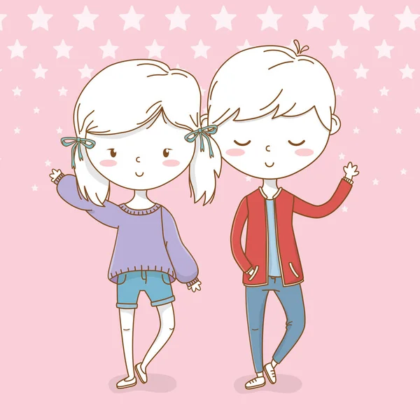 Hermosa pareja de niños pequeños con fondo punteado — Vector de stock