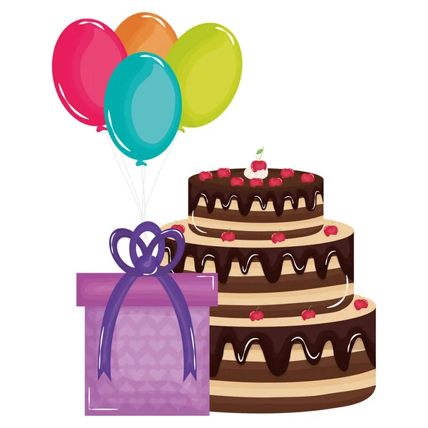 Pudełko ze słodkim ciastem i balonami helu pływające — Wektor stockowy