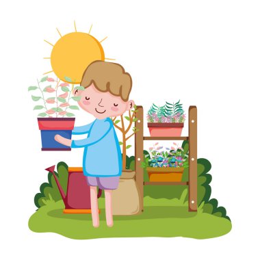 küçük çocuk bahçede raf ile houseplant kaldırma