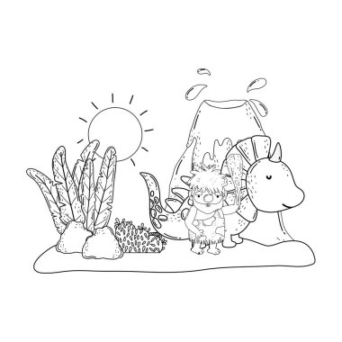 manzara ve yanardağ dinozor ile mağara adamı