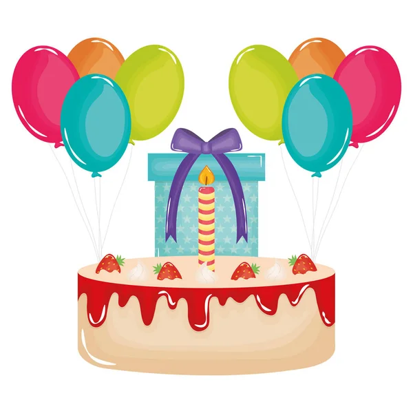 Gift box with sweet cake and balloons helium floating — Stock Vector