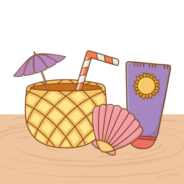 Pina colada shell and sunscreen — Stock Vector