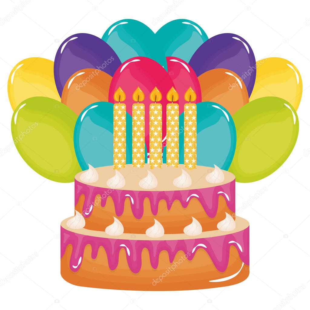 delicious sweet cake with candles and balloons helium
