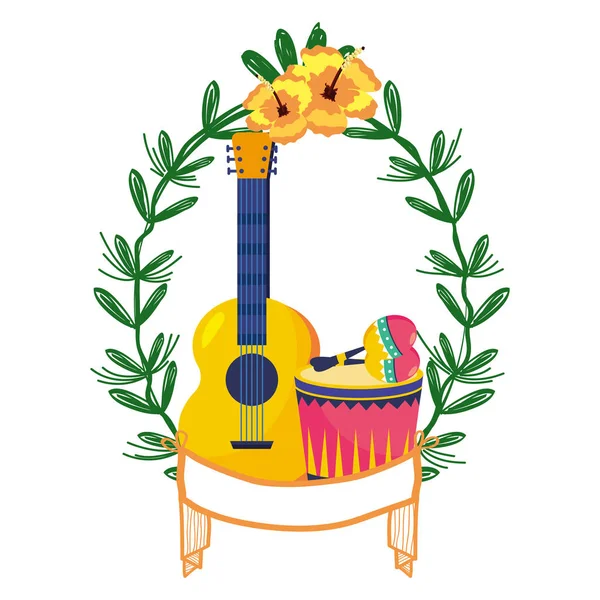 Guitar with drum and maracas on laurel wreath — Stock Vector