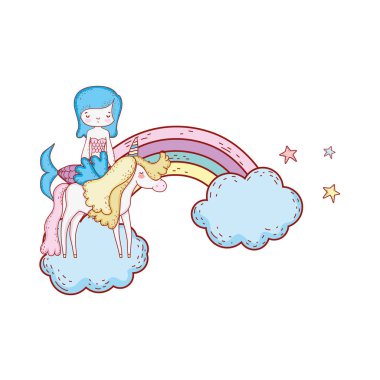 bulutlar içinde tek boynuzlu at ve gökkuşağı ile mermaid