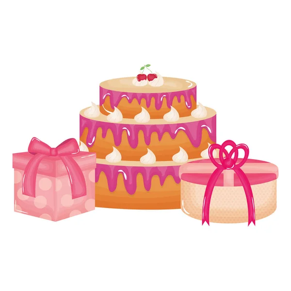 Presentes caixas apresenta com bolo doce — Vetor de Stock