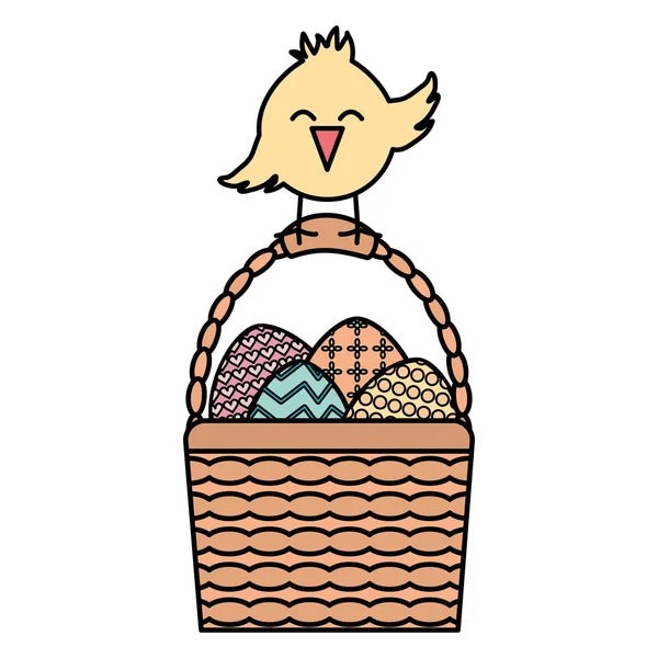 Kleine chick met eieren geschilderd in mand Pasen — Stockvector