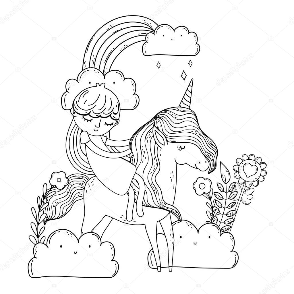 beautiful little unicorn with princess in the landscape