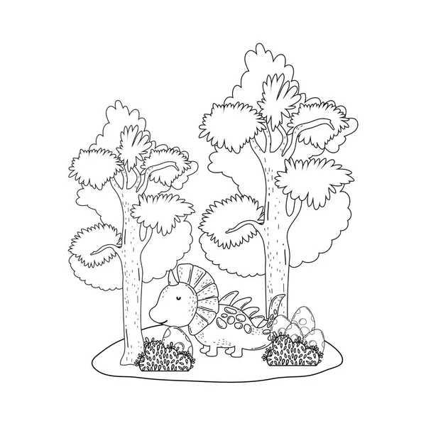 Lindo dinosaurio con árbol en el paisaje — Vector de stock