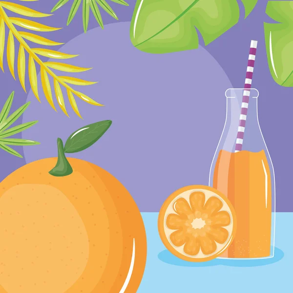 Fruto de suco de laranja fresco em garrafa com palha em folhas palmeiras — Vetor de Stock