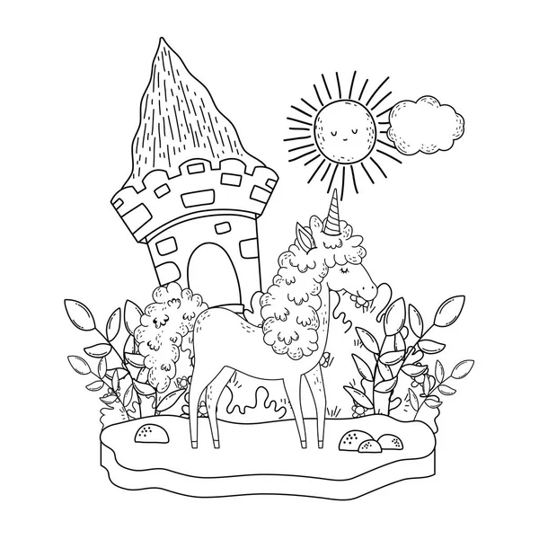 Belle petite licorne avec château dans le paysage — Image vectorielle