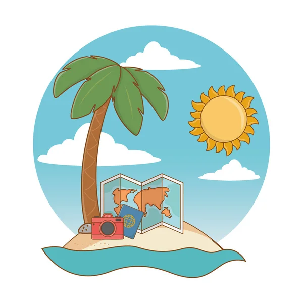 Desenho animado de praia redonda etiqueta — Vetor de Stock