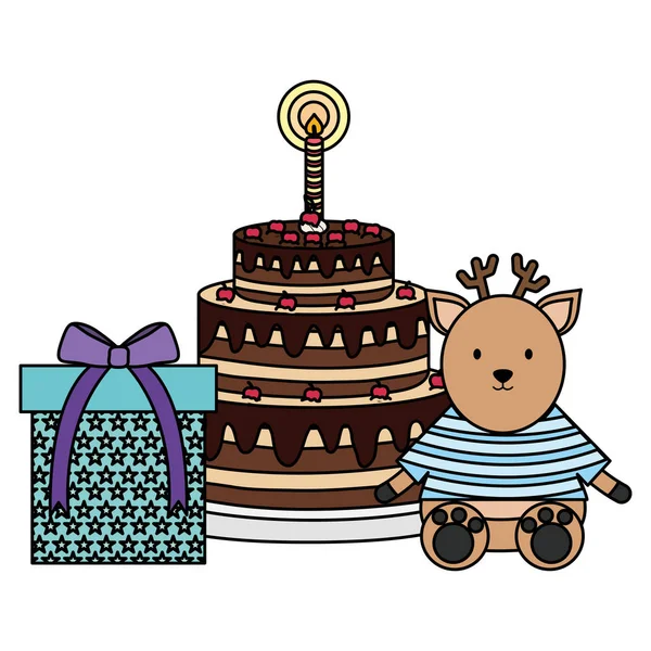Милый олень со сладким тортом и подарком в праздновании вечеринки — стоковый вектор