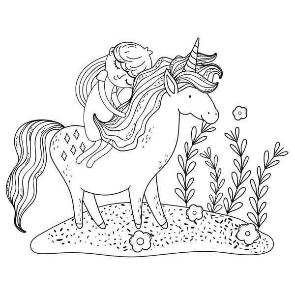 Beautiful little unicorn with princess in the landscape — Stock Vector