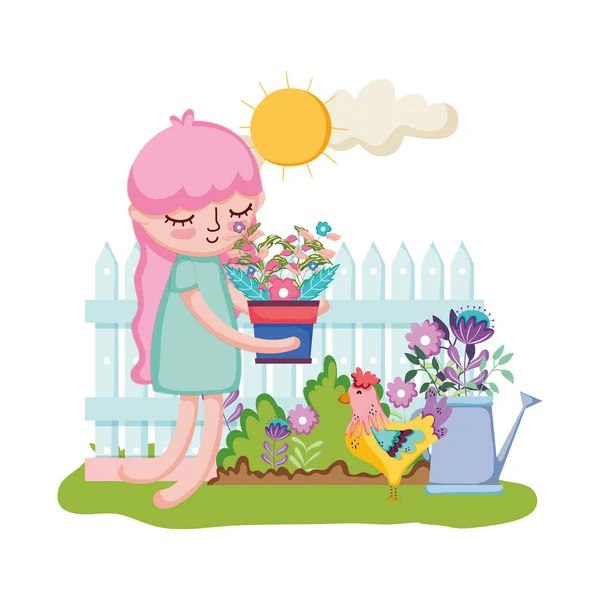 Niña levantando planta de interior con valla y aspersor — Vector de stock