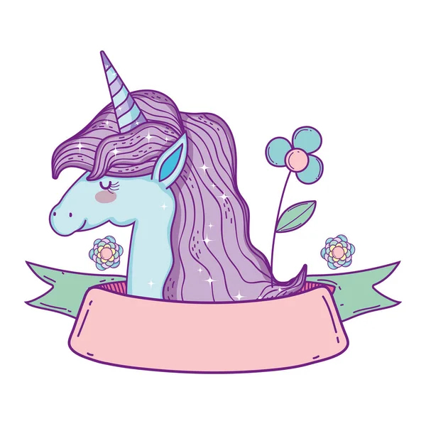 Belle petite licorne avec fleurs et cadre en ruban — Image vectorielle