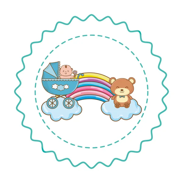 Baby shower timbro etichetta rotonda con cartoni animati — Vettoriale Stock