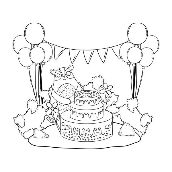 Cute bear with sweet cake and balloons helium — Stock Vector