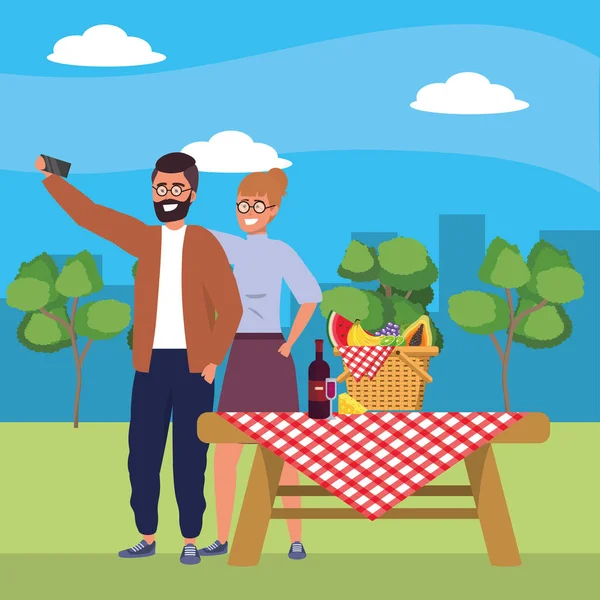 Millennial Paar Smartphone Selfie Picknick Hintergrund — Stockvektor