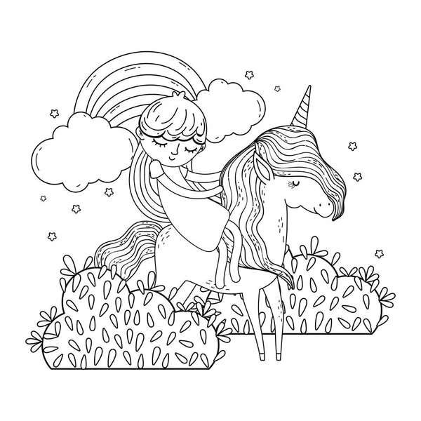 Licorne et princesse dans le paysage avec arc-en-ciel — Image vectorielle