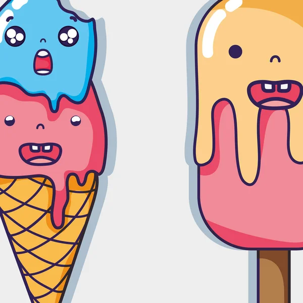 Kawaii ice cream and lolly faces expression — Stock Vector