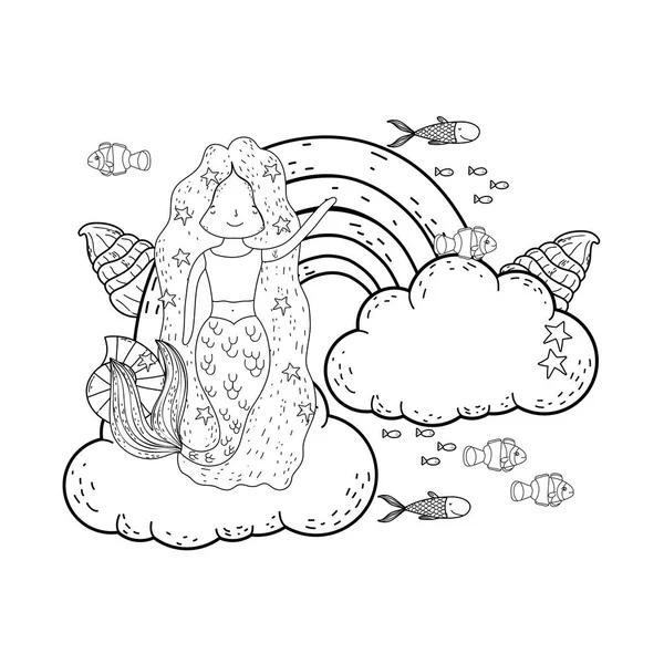 Linda sirena con nubes y arco iris — Vector de stock