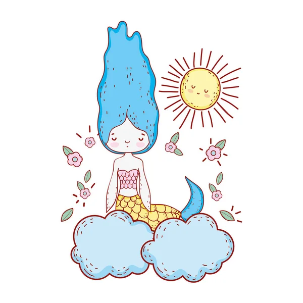 Cute mermaid with flowers in the cloud — Stock Vector