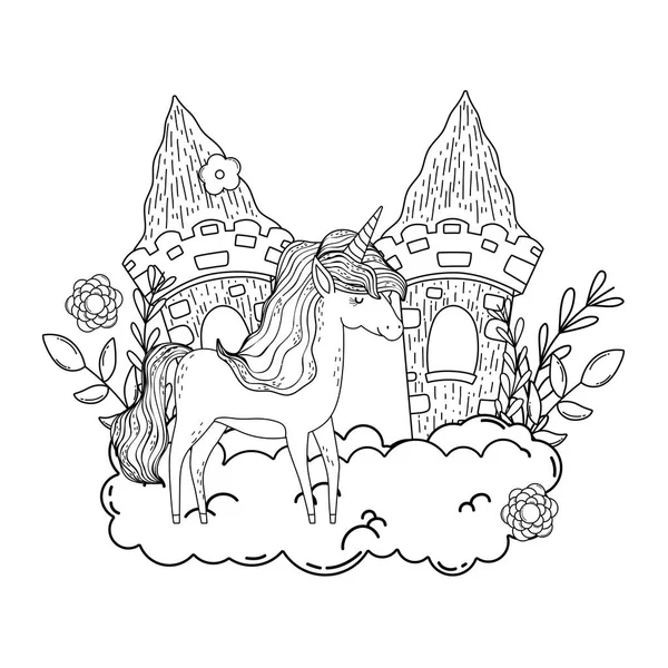 雲の中に城を持つ美しい小さなユニコーン — ストックベクタ