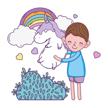 Unicorn Kawaii karakteri ile küçük çocuk