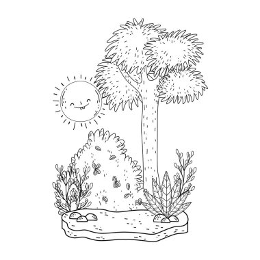 Güneş kawaii ve ağaçları ile güzel manzara