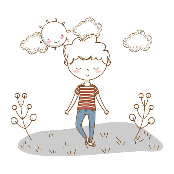 Стильний хлопчик мультфільм одяг природа хмари фон — стоковий вектор