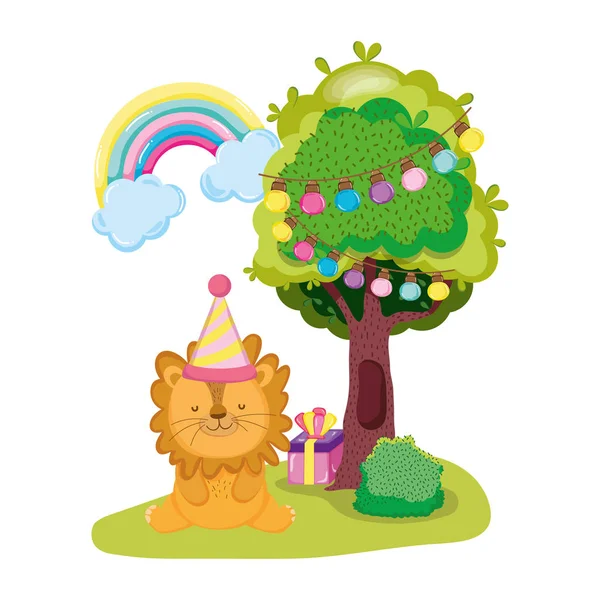 Cute and little lion with party hat — Stock Vector