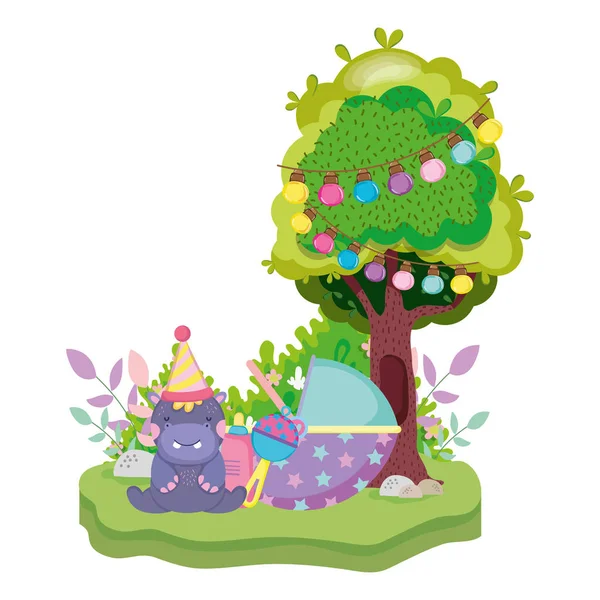 Mignon et petit personnage hippopotame avec chapeau de fête — Image vectorielle