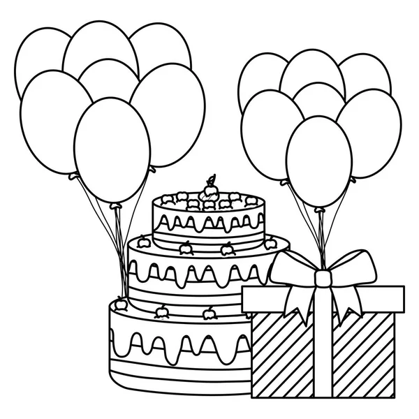 Caja de regalo con pastel dulce y globos de helio flotante — Archivo Imágenes Vectoriales