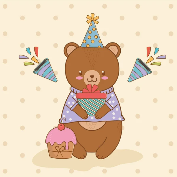 Sevimli ayı oyuncak ormanlık ile doğum günü kartı — Stok Vektör