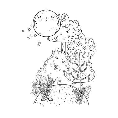 güzel manzara gece ay kawaii karakteri ile