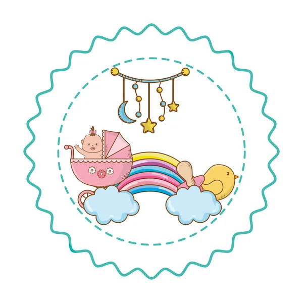 Baby shower sello de etiqueta redonda con dibujos animados — Vector de stock