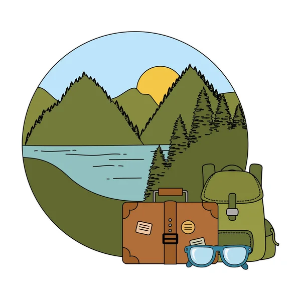 Bolsa de viaje camping con maleta — Vector de stock