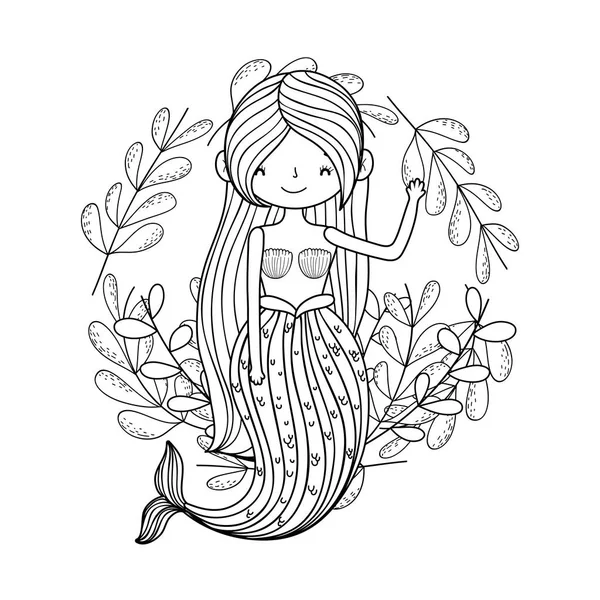 Hermosa sirena con corona de hojas — Vector de stock