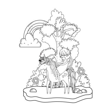 gökkuşağı ile manzara içinde Unicorn ve Prenses