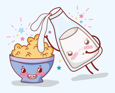 Mısır gevreği kase ve süt şişesi kawaii karikatürler