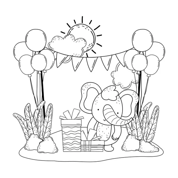 Elefante con regalos y globos helio en el campo — Vector de stock