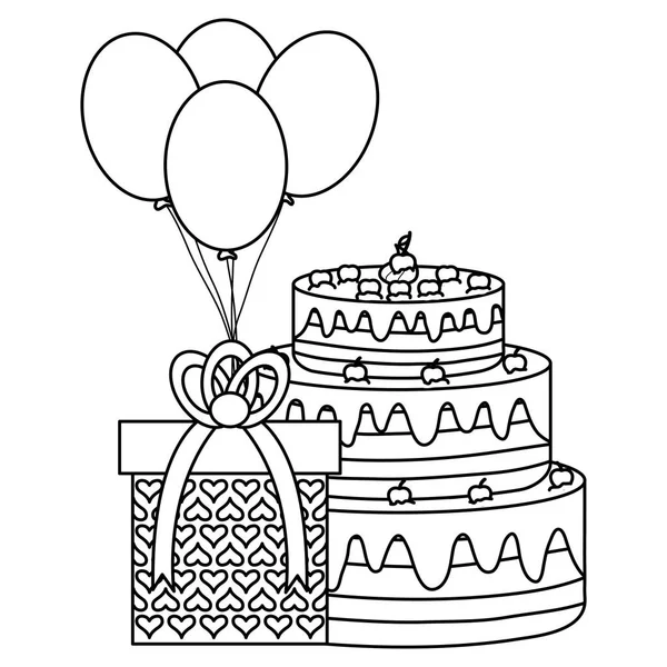 Caja de regalo con pastel dulce y globos de helio flotante — Archivo Imágenes Vectoriales