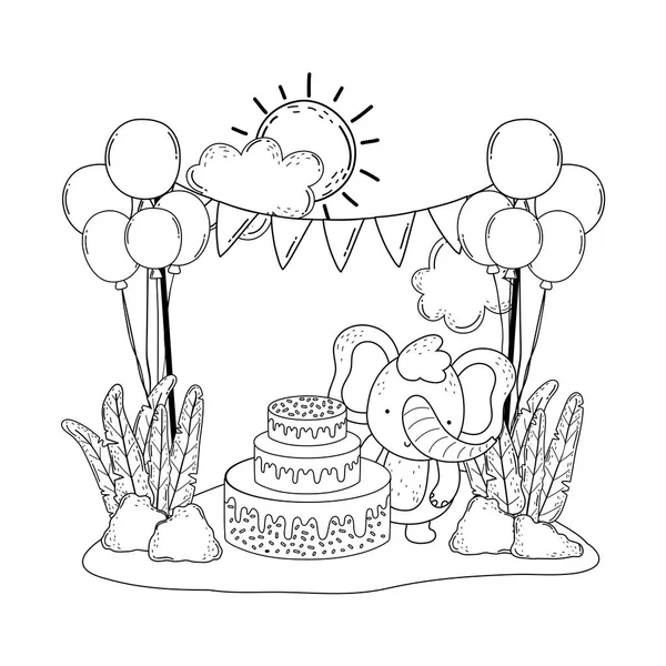 Elefante con pastel y globos helio en el campo — Vector de stock
