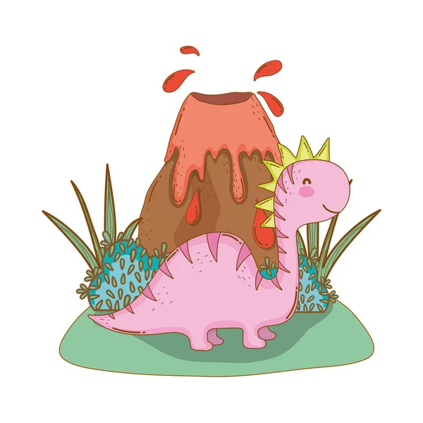 Apatosaure mignon avec scène de volcan — Image vectorielle