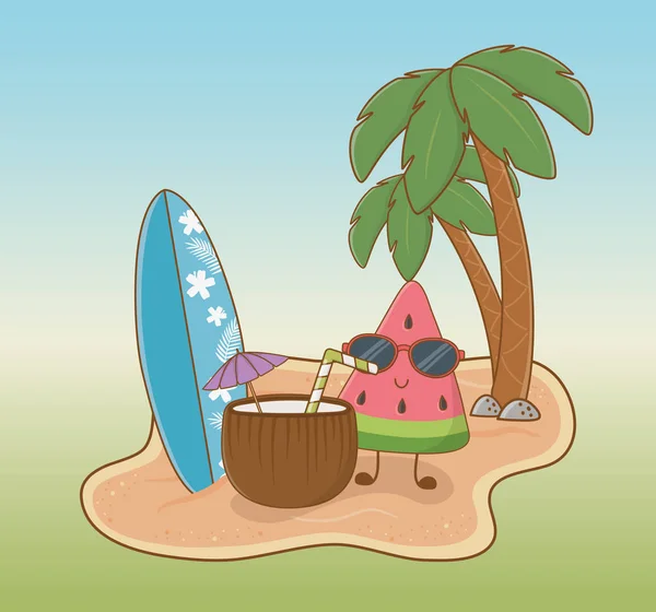 Tropical watermelon character on the beach scene — Stock Vector