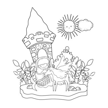 manzara tek boynuzlu at ve kale ile denizkızı