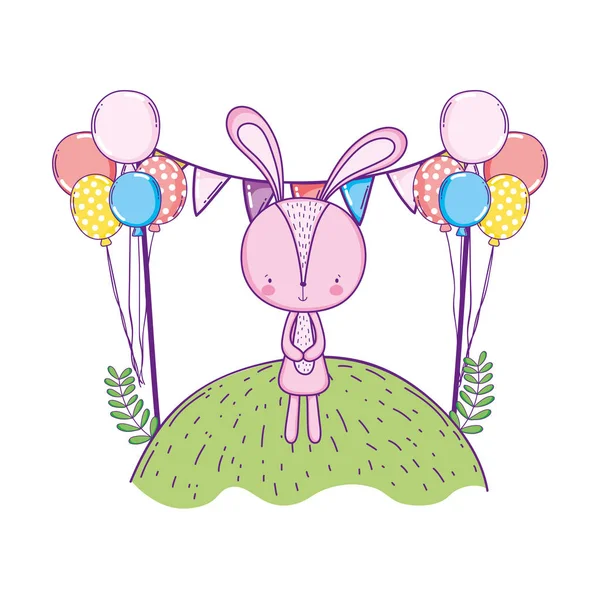 Χαριτωμένο μικρό κουνέλι με μπαλόνια ήλιο στο τοπίο — Διανυσματικό Αρχείο